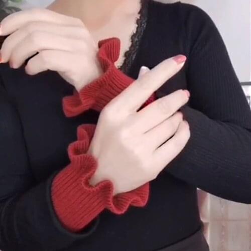 Women Ribbed Knitted Fake Sleeves Cuffs Solid Color Winter Arm Warmers Stretch Ruffles Decorative Fingerless Gloves