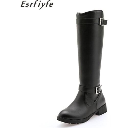 ESRFIYFE 2020 New Women Shoes Winter Riding Boots Square Heel Western Boots Zipper Knee High Boots Ladies Shoes Plus Size 34-50