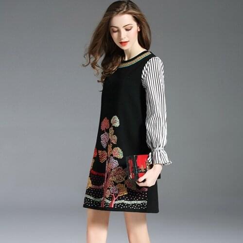 Autumn Fashion A Line Casual Dress Black Striped Long Sleeve Patchwork Vintage Womens Dresses New Arrival 2019 Vestidos DD1600