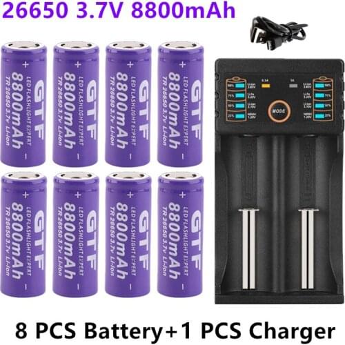 100% Original high quality 26650 battery 8800mAh 3.7V 50A lithium ion rechargeable battery for 26650 LED flashlight+ USB charger