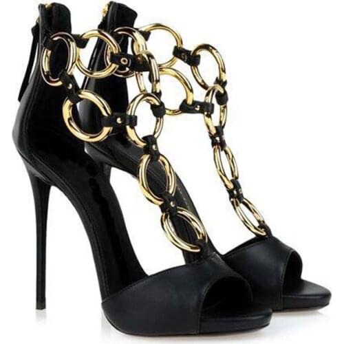 2020 Black Leather Summer Gladiator Gold Metal Circles Women Sexy Zipper Back Stiletto Heels Party High Heel Sandals Dress Shoes