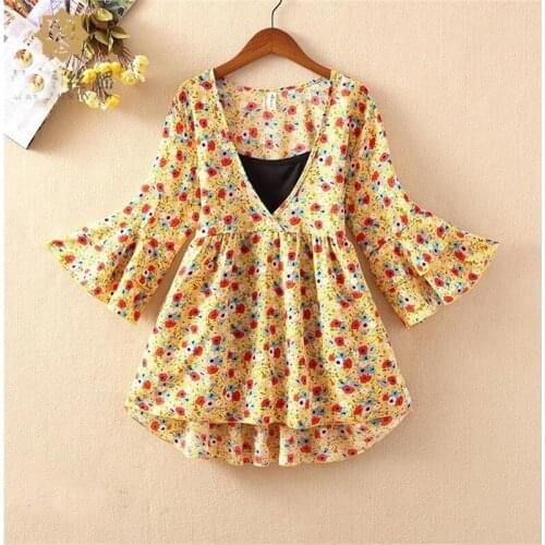 Irregular Floral Print Blouse Summer Women Casual Loose V-Neck Chiffon Blouses Female Flare Sleeve Ruffles Shirts Blusas Tops