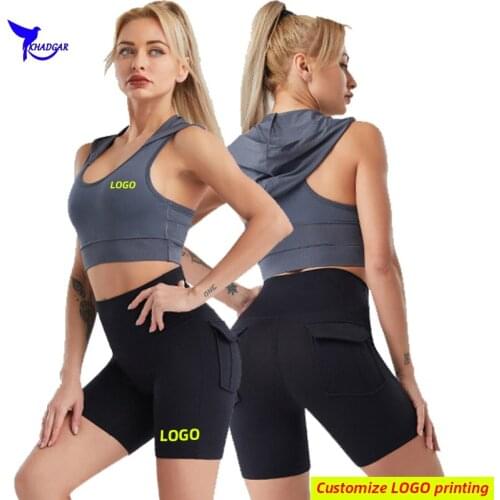 Quick Dry Elastic Hooded Sports Bra+Short Tights 2 Pcs Running Set Women Vest+Shorts Gym Fitness Jogging Yoga Sports Suit Custom