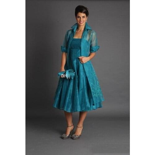 Elegant A Line Mother Of the Bride Dresses With Long Jacket Tea Length Wedding Guest Dresses robe de soirée de mariage