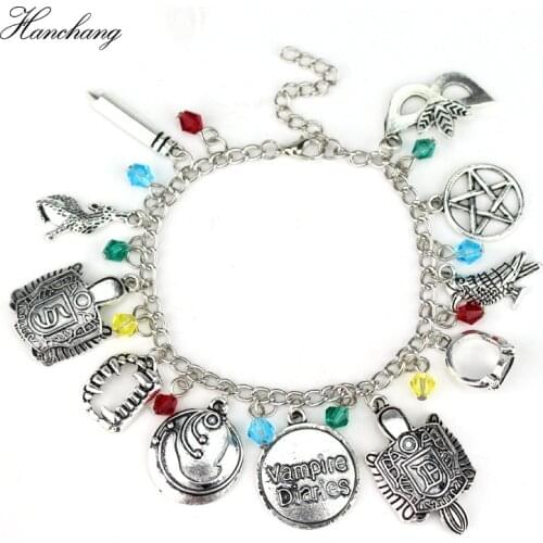 HANCHNAG The Vampire Diaries Movie Jewelry Crystal Charm Bracelet Bangle Elena Stefan Damon Fandom For Women Gilr Christmas Gift