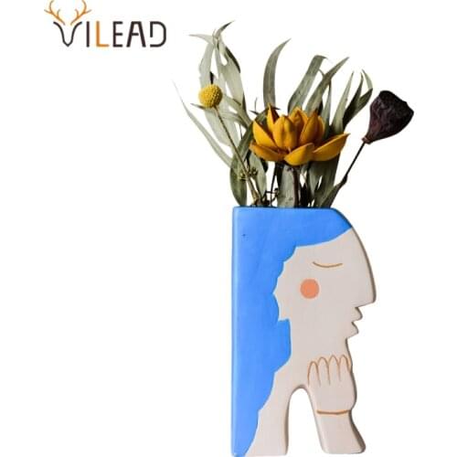 VILEAD Ceramic Flower Vase Nordic Girl Holding Cheek Dried Plant Pot Home Decor Living Dining Room Bedroom Desktop Decoration