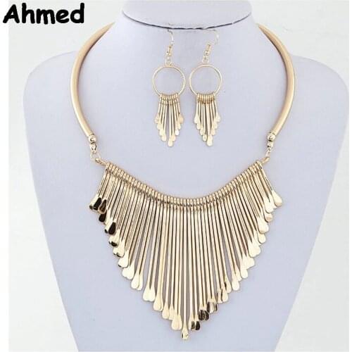 Ahmed Jewelry Geometry Fashion Metal Tassel Jewelry Set Necklace Earring For Woman New Boho Maxi Statement Collar Necklace HOT