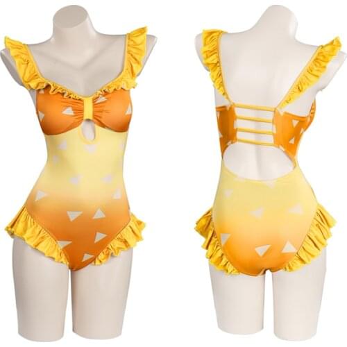 Demon Slayer Cosplay Swimwear Agatsuma Zenitsu Push Up Monokini Ruffle Bathing Suit Lolita Girls One Piece Swimsuit Jumpsuit