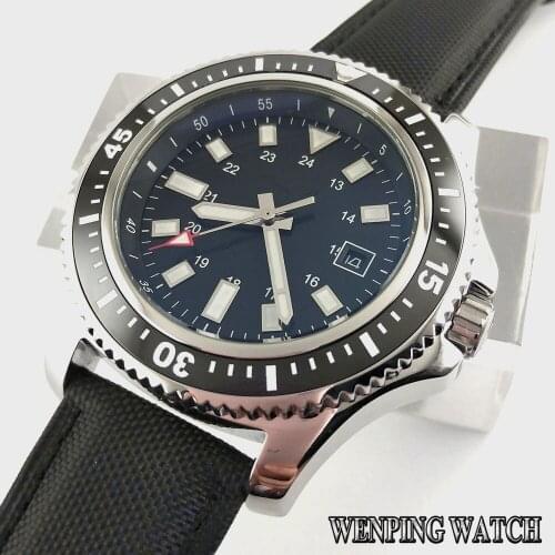 Bliger 44mm mens top mechanical watch silver case ceramic bezel black sterile dial luminous leather strap mens automatic watch