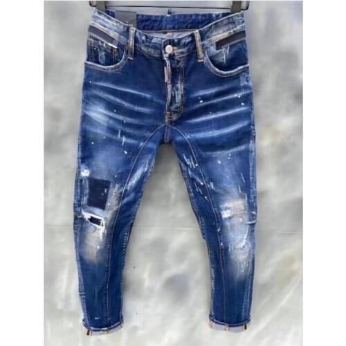 New DSQ2 Mens Skinny Jeans With Ripped Holes And elastic Paint Spray Blue Stitching Beggar Pants T121-1