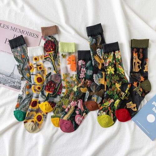 2021 Summer Womens Socks Art Flower Sunflower Bird Kawaii Trasparente Invisible Glass Silk Thin Breathable Sock