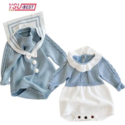 0-3YNewborn Baby Girl Clothes Kids Bodysuit Navy Collar Girls Clothing Knitting Romper Jumpsuit Warm Bow Winter Outfits Children