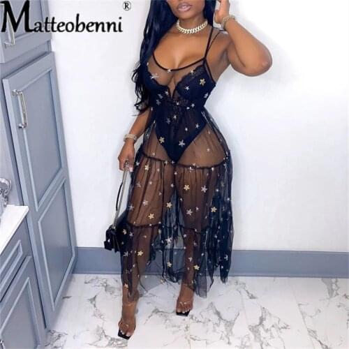 Sequin Sheer Mesh Spaghetti Straps Flare Big Swing Dress Women Sexy Sleeveless Long Tunic Night Club Party Dresses Vestidos