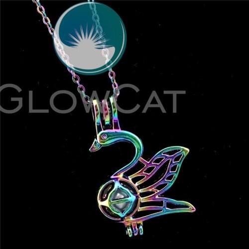 R-C671 Rainbow Colors Swan Beads Cage Pendant Perfume Diffuser Aromatherapy Oyster Pearl Cage Locket Necklace
