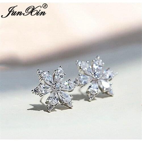 Cute Crystal Snowflake Earrings White Gold Clear White Zircon Star Flower Stud Earrings For Women Wedding Ear Studs Jewelry Cz