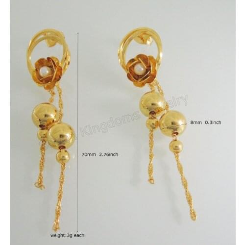 PLAIN BALL DANGLER PEARL SIMULATED FLOWER YELLOW GOLD GP FILL OVERLAY TALL 2.76" EARRING