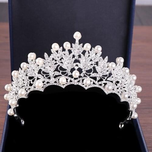 Diadem Wedding Pearl Tiara and Crown Queen Rhinestone Pearl Tiaras Bride Headpiece Wedding Crown Silver Color Hair Accessories