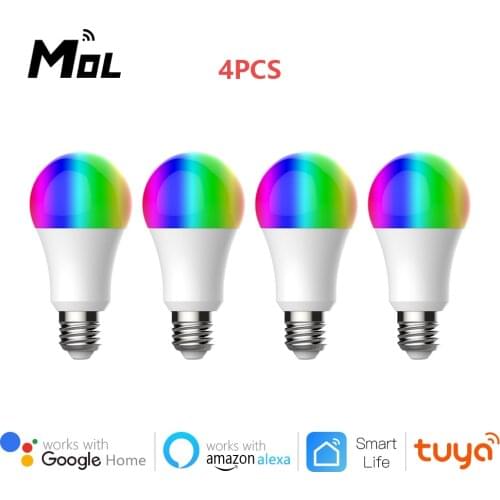 4pcs E27 Wifi Smart LED Light Bulb 9W Dimmable RGB Lamp Tuya App Smart Remote Control Compatible with Google Home Alexa