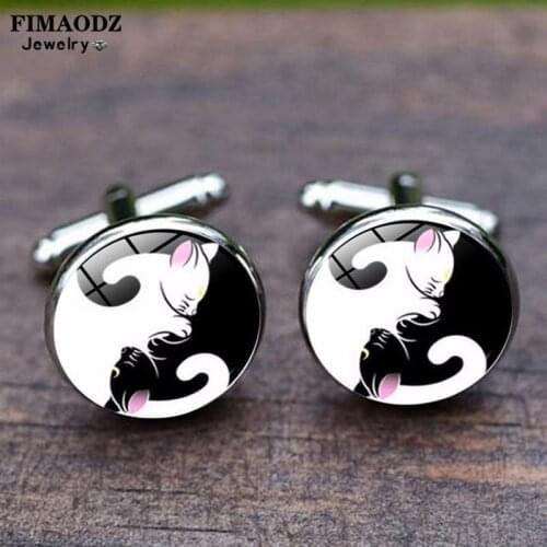 FIMAODZ Yin Yang Black White Cat Cufflinks Animal Kitten Photo Glass Dome Handcrafted Cuff Links for Women Vintage Jewelry