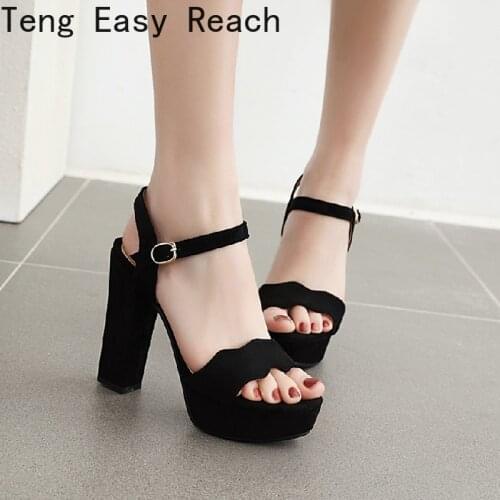 2021 New Women Platform Sandals Kid Suede Fashion Ladies High Thick Heels Sexy Black Summer Female Ankle Strap Party Shoes