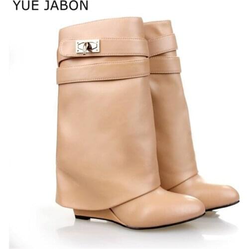 YUE JABON Shark Lock Boots for Women Fashion Genuine Leather Short Botas Mujer Height Increasing Wedge Boots Ladies Big Size 42