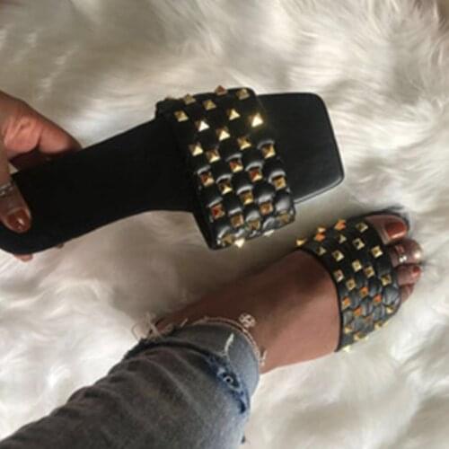 Woman Rivet Slippers Women Fashion Square Toe Slides Sewing Flats Womens Shoes Female Casual Summer Outdoor Footwear Plus Size