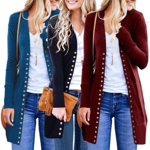 Womens Cardigan Long Sleeve Snap Button Down Solid Color Knit Ribbed Neckline Open Front Sweater