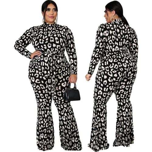 Plus Size Rompers Womens Jumpsuit Elegant High Waist Long Sleeve Bodysuit with Lace Up Leopard Jumpsuits Wholesale Dropshipping