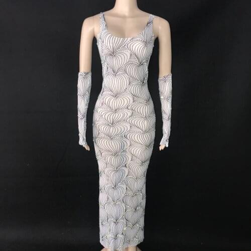 White Mesh AB Color Stones Heart Pattern Sleeveless Gloves Dress Singer Evening Birthday Party Stage Sexy Long Dress