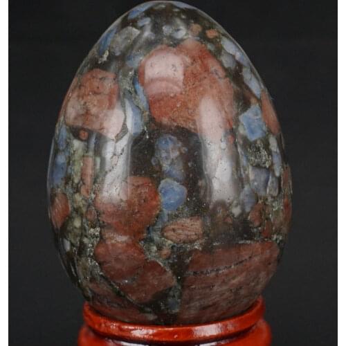 36x50MM Natural Stone Blue Opal Fossil Sphere Egg Chakra Healing Reiki Carving Crafts Minerals W/Stand