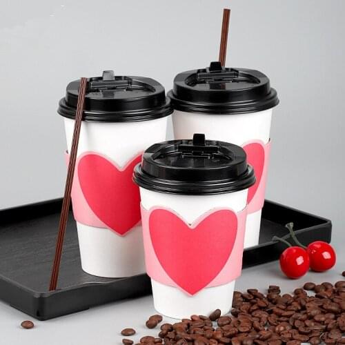 50pcs 14oz/16oz disposable coffee cup 400ml 500ml milk tea white paper cup birthday party favor creative pink kraft paper sleeve