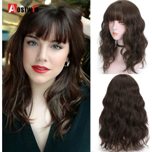 AOSIWIG Water Wave Curly Black Brown Wig with Air Bangs Natural Invisible Cover White Hair Synthetic Medium length Wig