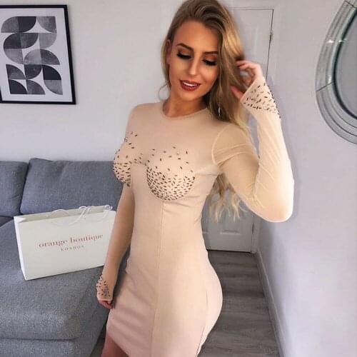 BKLD 2019 Fashion Glitter Rhinestone Sexy See-through Women Splice Long Sleeve Sheer Mesh Dress Bodycon Mini Evening Party Dress