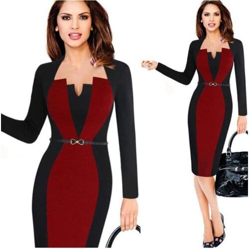 European Style Autumn Women Fashion Patchwork Office Long Sleeve Pencil Dress Vintage Long Sleeve High Waist Ol Elegant Dress