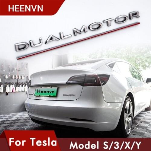 Heenvn DUAL MOTOR Underlined Letters Emblem Accessories For Tesla Model 3 S X Y High Performance Trunk Badge Car Sticker Chrome