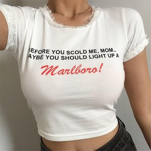Women Summer Slim Crop Tops Fashion Casual Slim Pullover Chic Letter Pattern Lace Trim Short Sleeve Round Neck T Shirts White