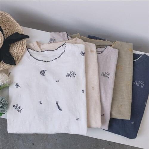 Lamtrip Unique Super Good Quality Colored Thread Embroidery Kawaii Loose Short Sleeve Cotton Tee T-Shirt Mori Girl Reteo Top