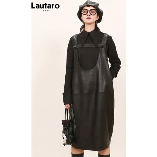 Lautaro Midi leather dress women summer spring korean fashion deep u neck Loose plus size strap dresses for women 2021 4xl 5xl