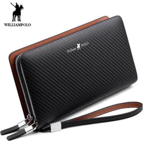 Williampolo mens wallet Fashion New Arrival 100% Cow Leather Business Solid Zipper Long Mens Clutch Wallet Male Handbag Wallet