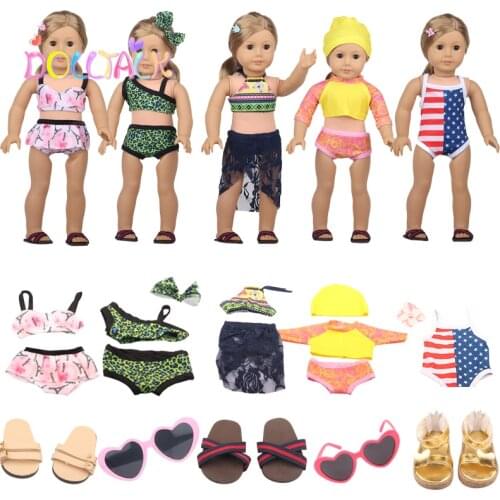 New Solid Swimsuit Doll Bikini+Sunglasses Bathing Suit Beach Sandals Swimming Fit Reborn Baby 43cm Girls 18 Inch American Dolls