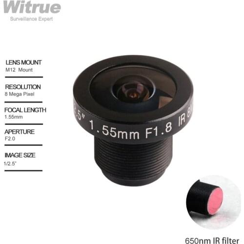 Witrue Fisheye CCTV Lens HD 8MP 1.55mm 1/2.5" F2.0 M12 Mount with 650nm IR Filter for Action Cameras
