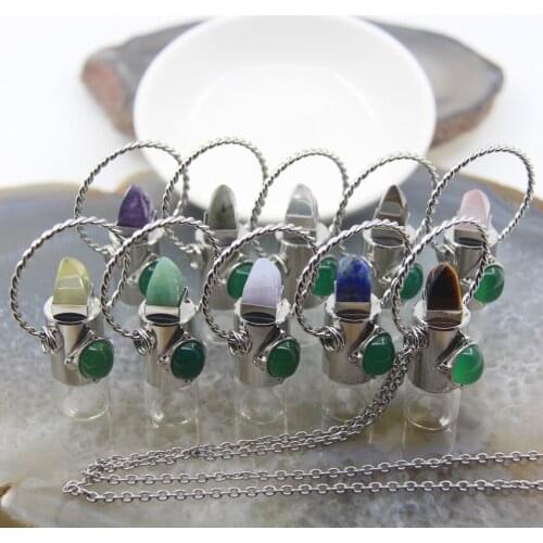 Natural Lemon Quartz/Lazuli/Rose Quartzs Bullet Perfume Bottle Pendants Necklace,Plating Gunmetal Essential Oil Diffuser Vial