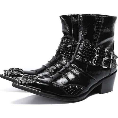 Personalized Black Men High Top Leisure Leather Shoes Fashion Metal Toe Ankle Martin Boots For Man