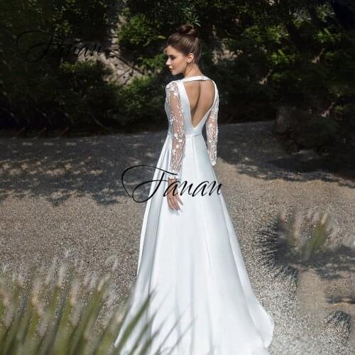 Deep V-Neck 3D Appliques A-Line Wedding Dresses Long Sleeve Backless Satin Bridal Gown Свадебное платье vestido de noiva