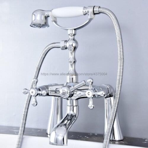 Polished Chrome Bathroom Clawfoot Bath Tub Faucet bathtub Handheld Shower Faucet Mixer Tap with Hose Shower Head Holder Ntf771