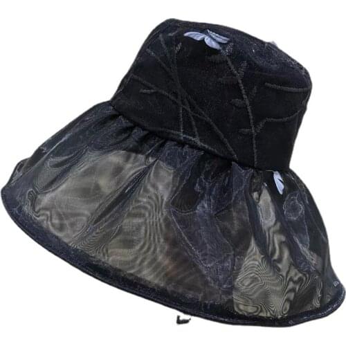 Womens Wide Brim Mesh Lace Kentucky Derby Church Hat Foldable Wedding Tea Party Dress Sun Hat With Bow