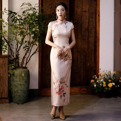 Vintage Slim Satin Female Long Qipao Sexy Floral Printed Mandarin Collar Evening Cheongsams Oriental Chinese Dress Formal Gown