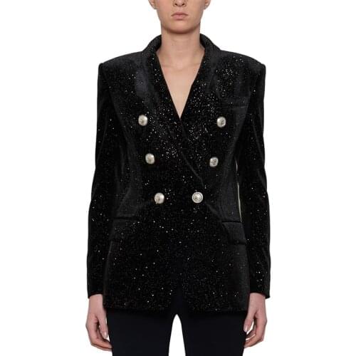 HIGH QUALITY New Fashion 2020 Fall Winter Designer Blazer Womens Lion Buttons Sheer Star Silver Glitter Velvet Blazer Coat
