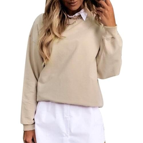 Women Autumn Solid Color O Neck Long Sleeve Loose Pullover Sweatshirt Blouse