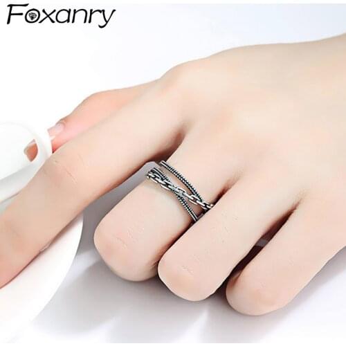 Foxanry 925 Sterling Silver Finger Rings INS Fashion Creative Multilayer Geometric Vintage Punk for Women Jewelry Party Gifts
